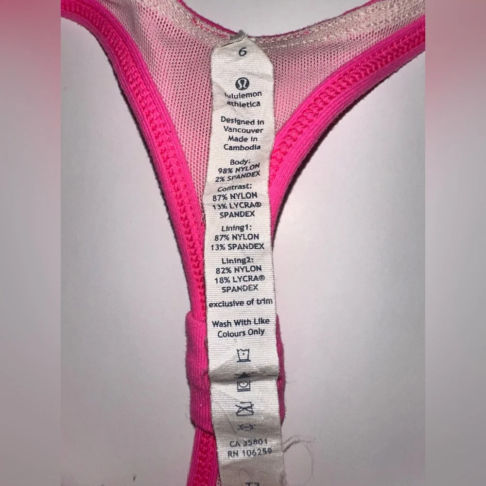 Lululemon Open Back Tank Top with Built-in Bra‎ Women’s Size 6 Bright Pink